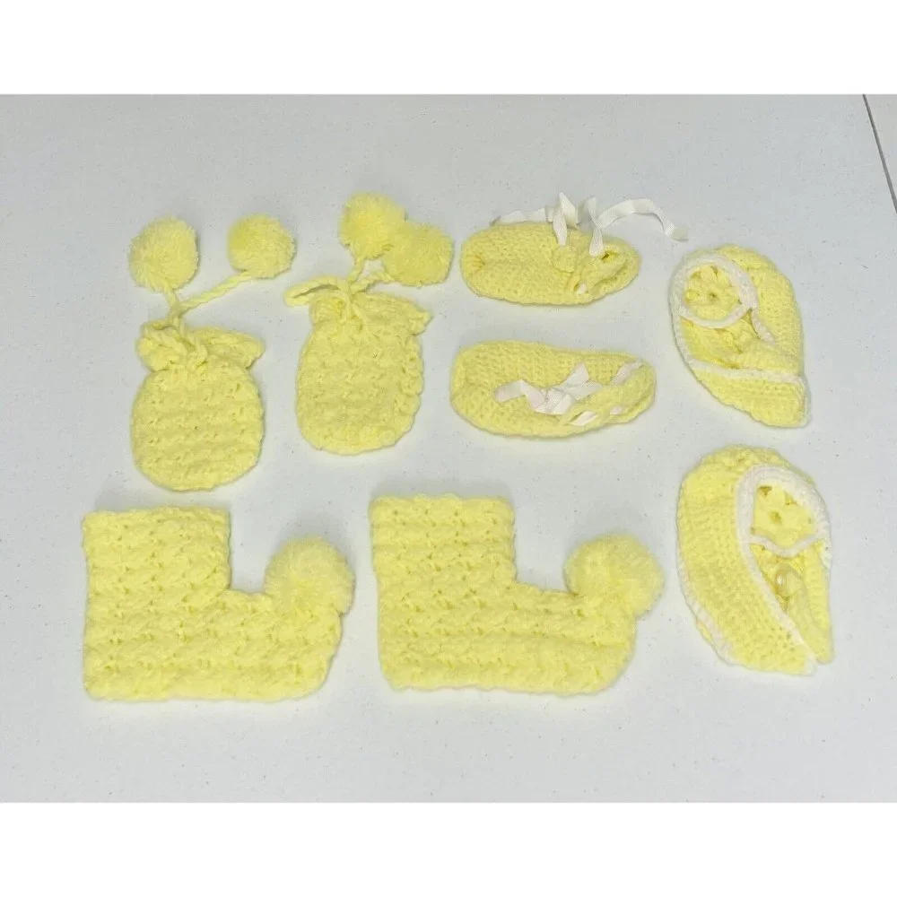 Vintage Crocheted Baby Girls Yellow Mittens & 3 Pair Boots Booties